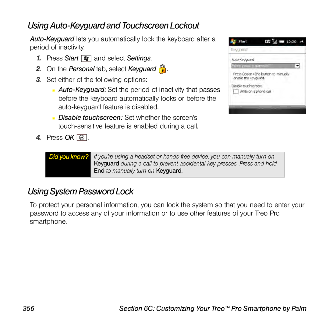 Palm TREOPROBLKSPT manual Using Auto-Keyguard and TouchscreenLockout, Using System Password Lock, 356 