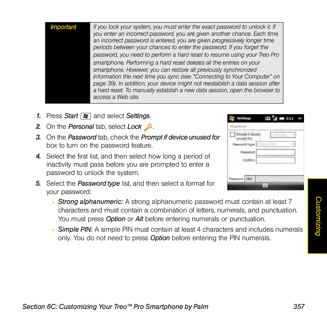 Palm TREOPROBLKSPT manual Customizing Your Treo Pro Smartphone by Palm 357 