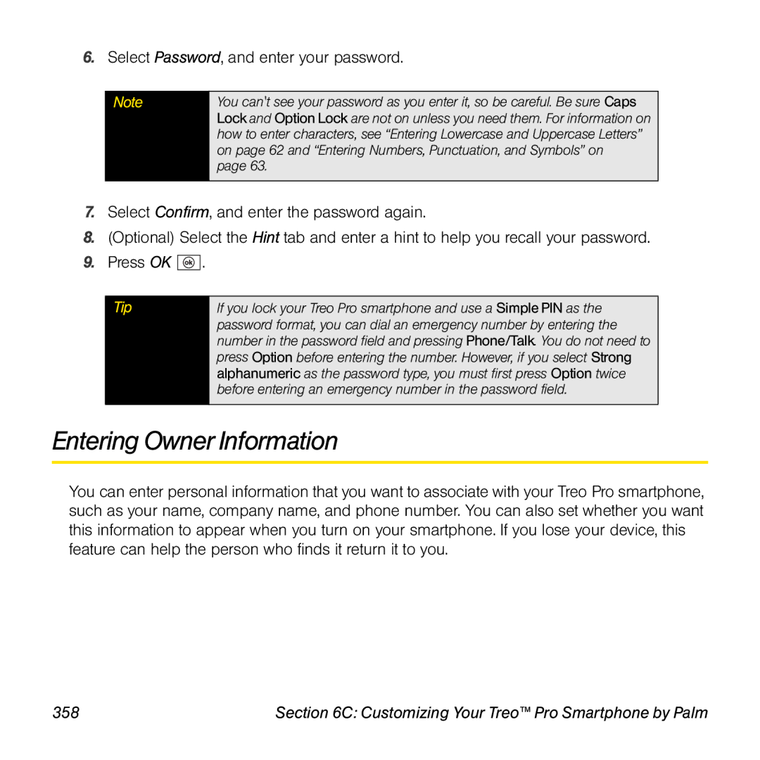 Palm TREOPROBLKSPT manual Entering Owner Information, 358 