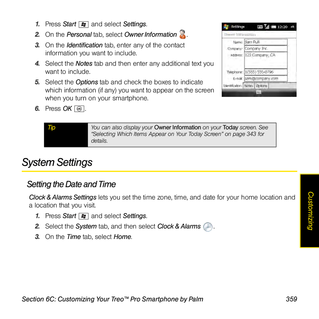 Palm TREOPROBLKSPT manual System Settings, Setting the Date and Time, On the Personal tab, select Owner Information 