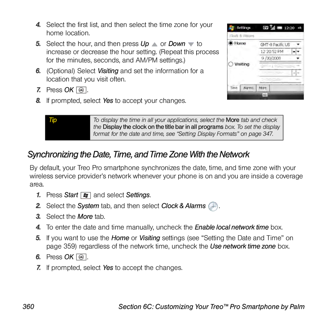 Palm TREOPROBLKSPT manual Synchronizing the Date, Time, and Time Zone With the Network, 360 