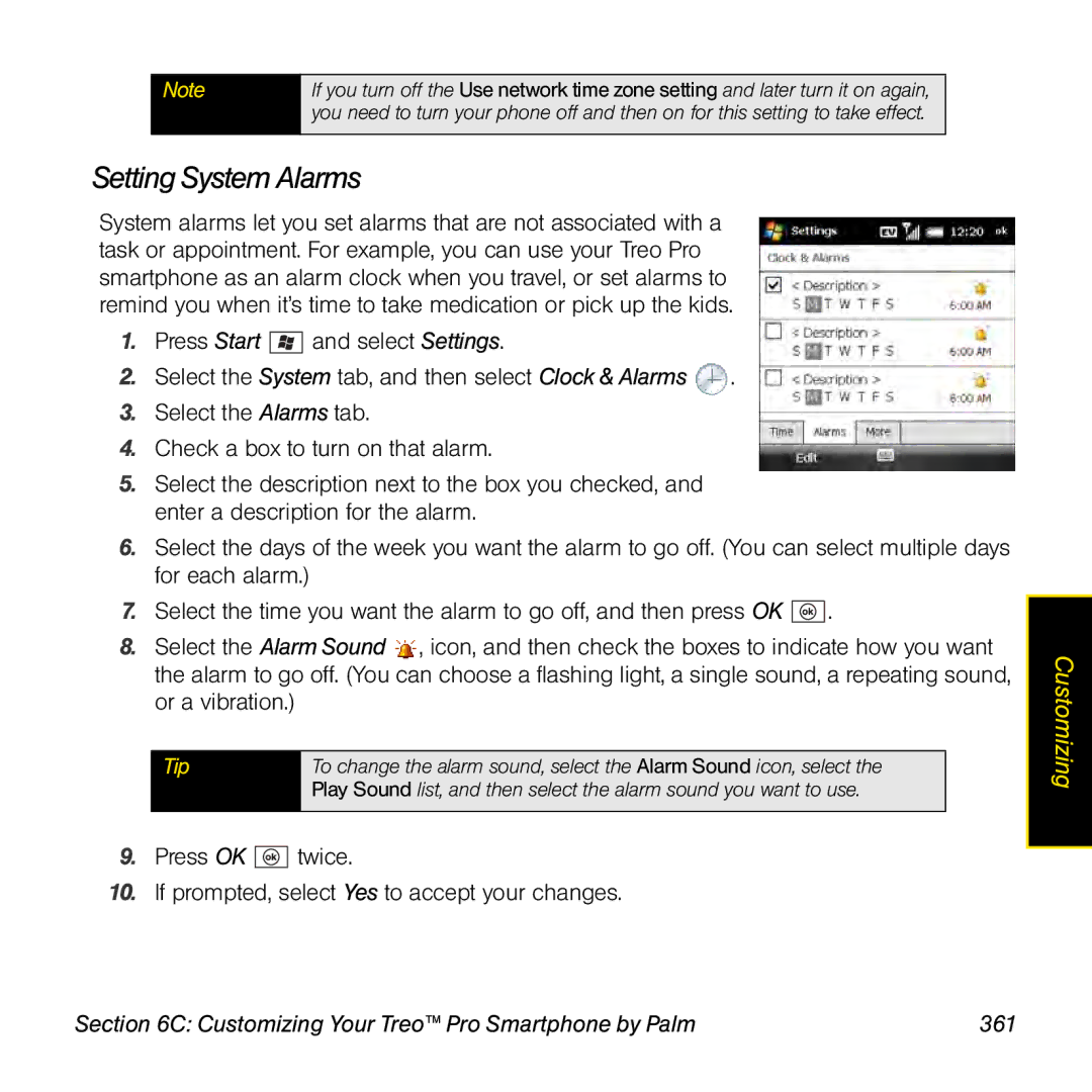 Palm TREOPROBLKSPT manual Setting System Alarms, Customizing Your Treo Pro Smartphone by Palm 361 