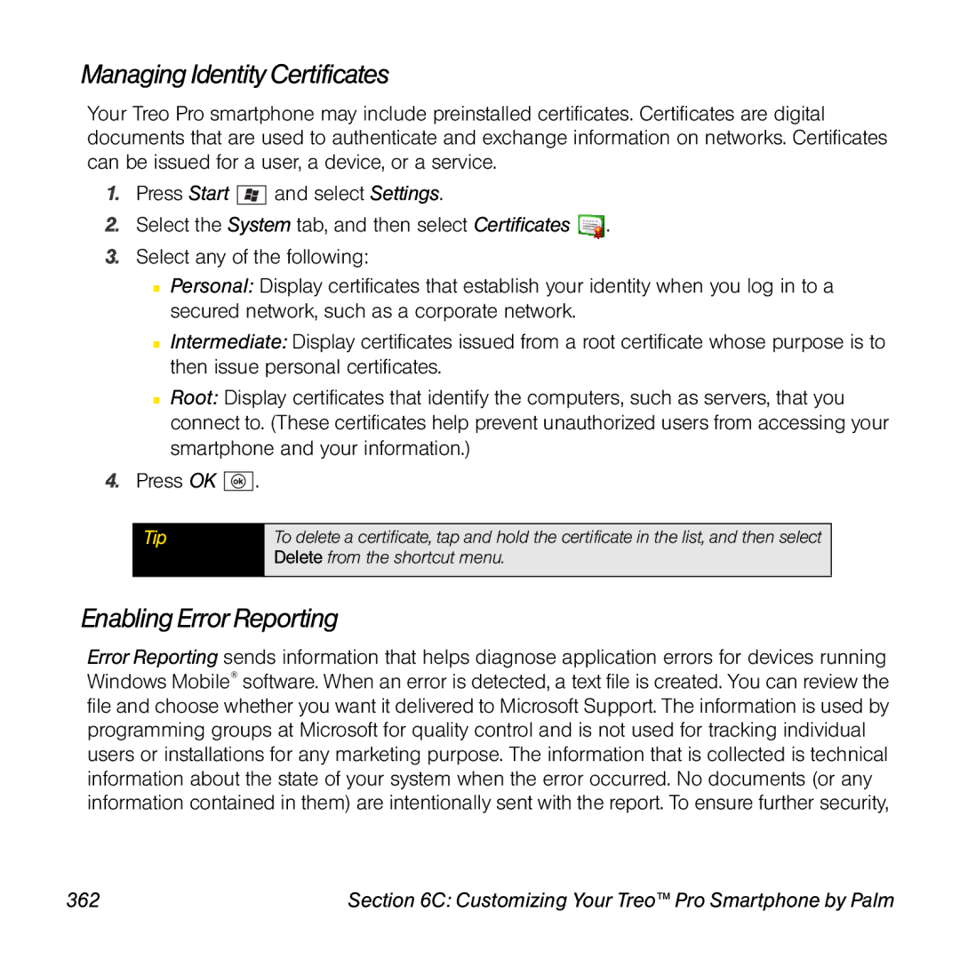 Palm TREOPROBLKSPT manual Managing Identity Certificates, Enabling Error Reporting, 362 