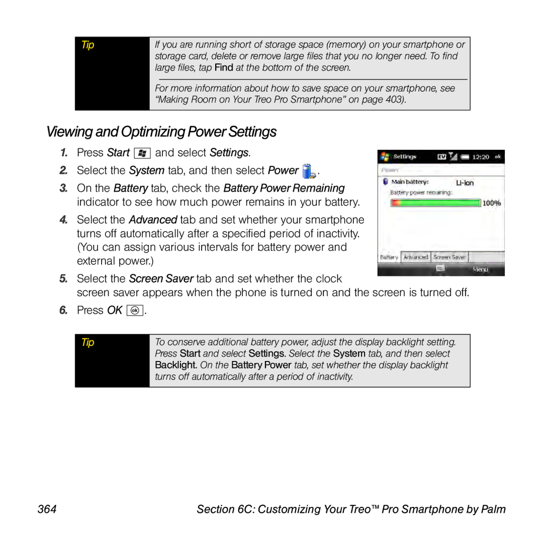 Palm TREOPROBLKSPT manual Viewing and Optimizing Power Settings, 364 