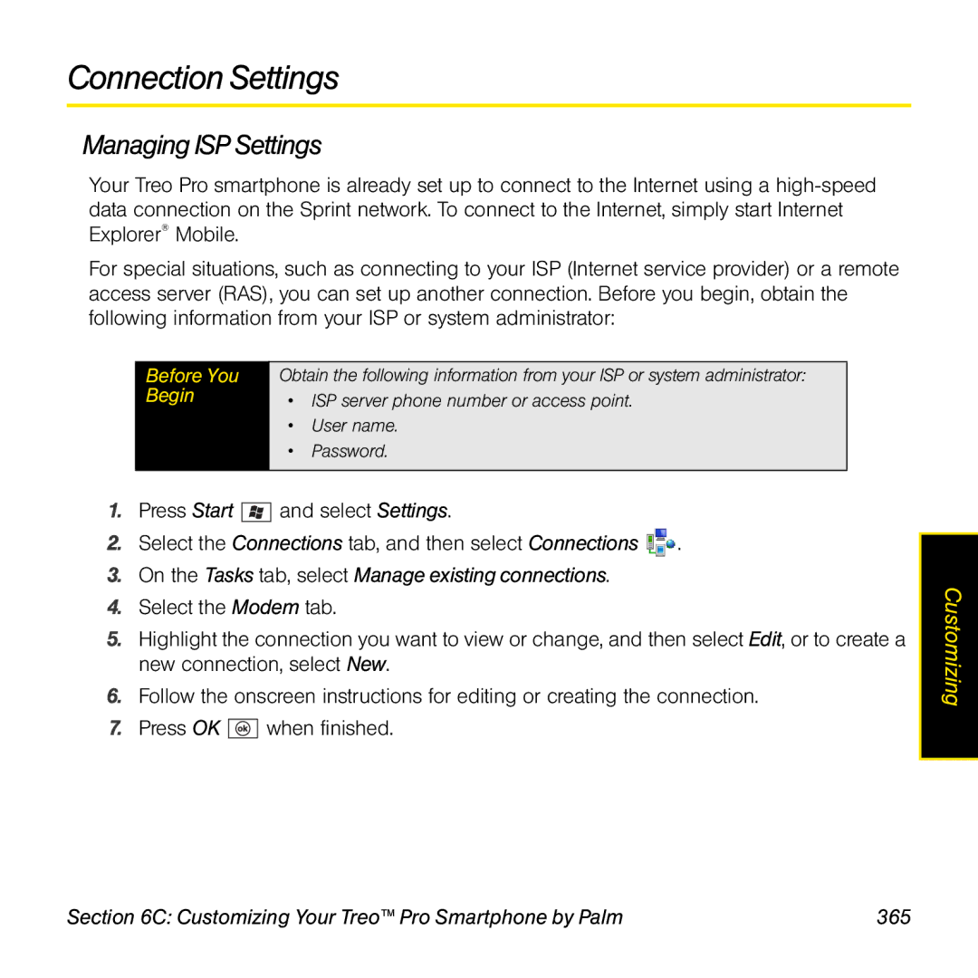 Palm TREOPROBLKSPT manual Connection Settings, Managing ISP Settings, On the Tasks tab, select Manage existing connections 