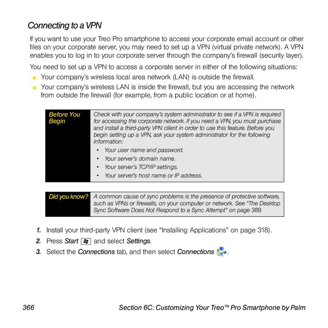 Palm TREOPROBLKSPT manual Connecting to a VPN, 366 