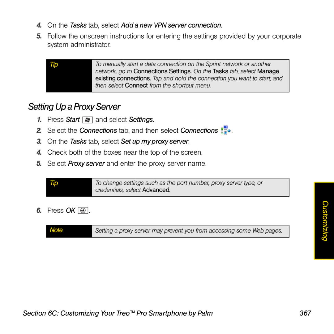 Palm TREOPROBLKSPT manual Setting Up a Proxy Server, On the Tasks tab, select Add a new VPN server connection 