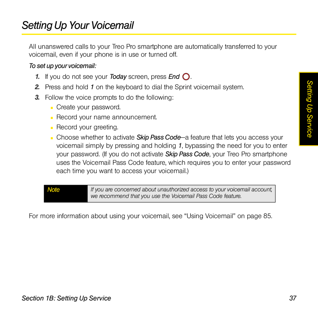 Palm TREOPROBLKSPT manual Setting Up Your Voicemail, To set up your voicemail 