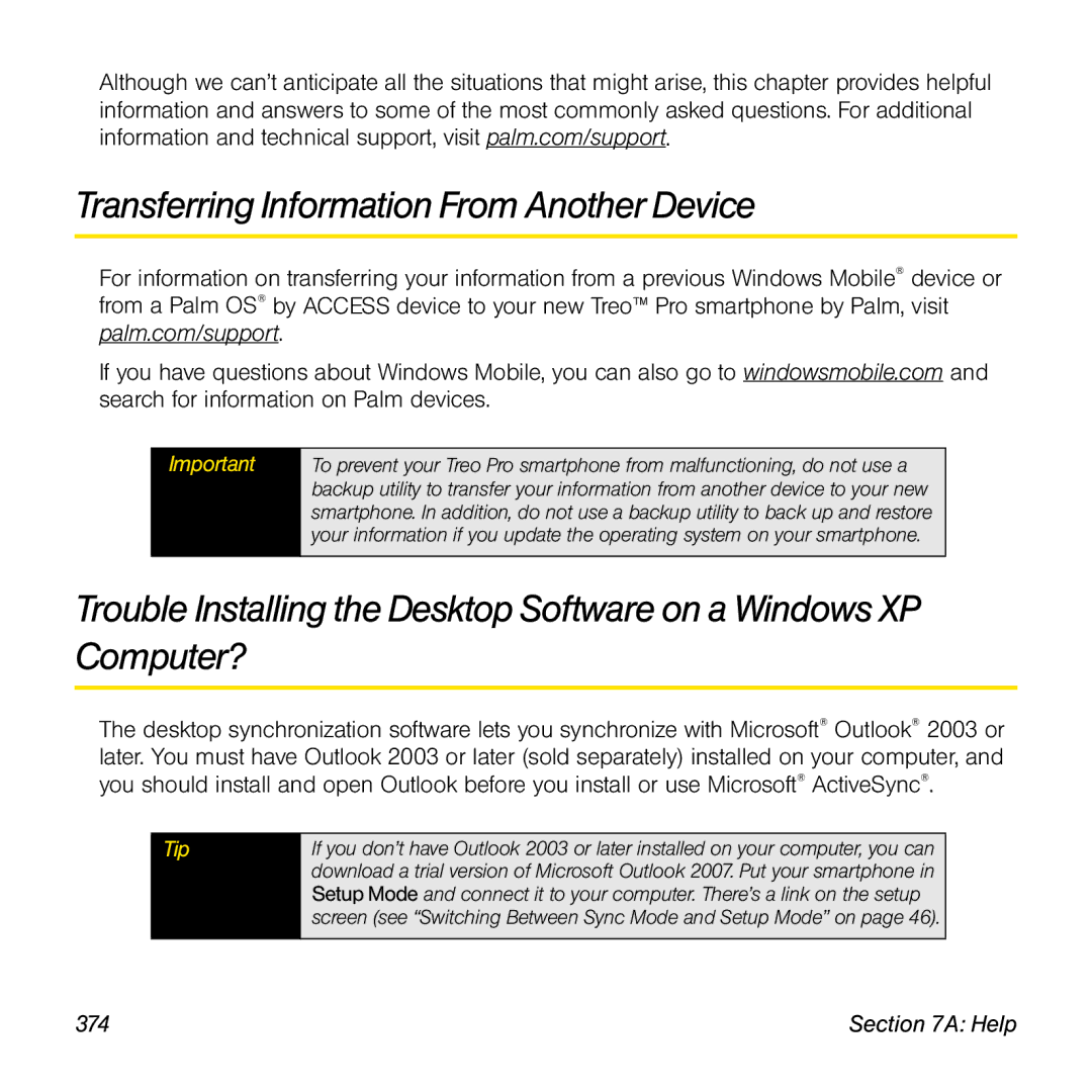 Palm TREOPROBLKSPT manual Transferring Information From Another Device 