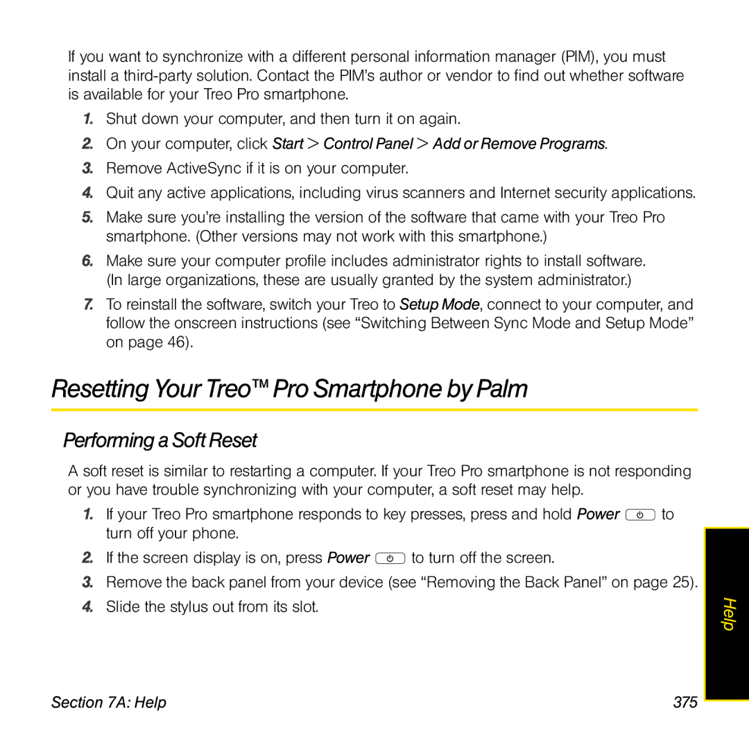 Palm TREOPROBLKSPT manual Resetting Your Treo Pro SmartphonebyPalm, Performing a Soft Reset, Help 375 