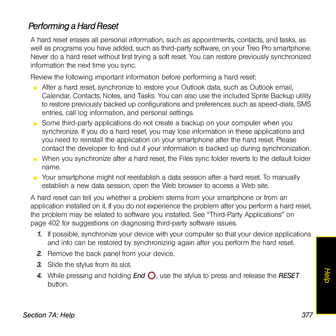 Palm TREOPROBLKSPT manual Performing a Hard Reset, Help 377 