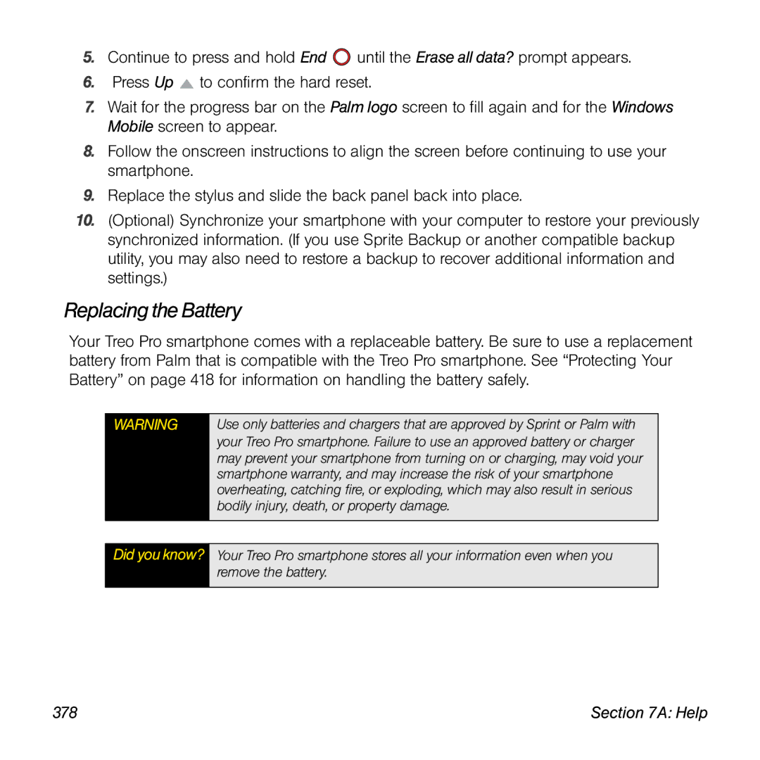 Palm TREOPROBLKSPT manual Replacing the Battery, 378 