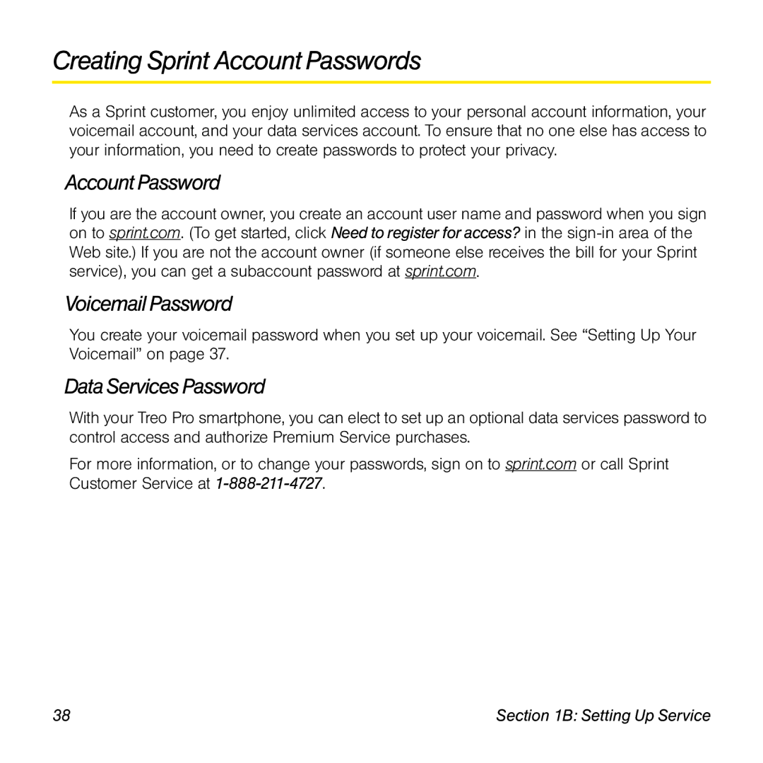 Palm TREOPROBLKSPT manual Creating Sprint Account Passwords, Voicemail Password, Data Services Password 