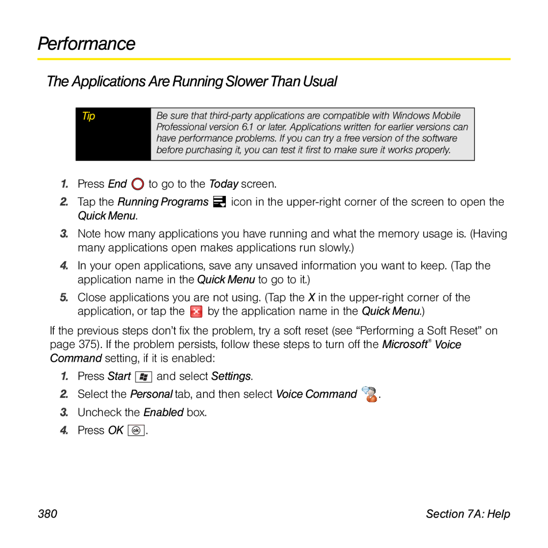 Palm TREOPROBLKSPT manual Performance, Applications Are Running Slower Than Usual, 380 