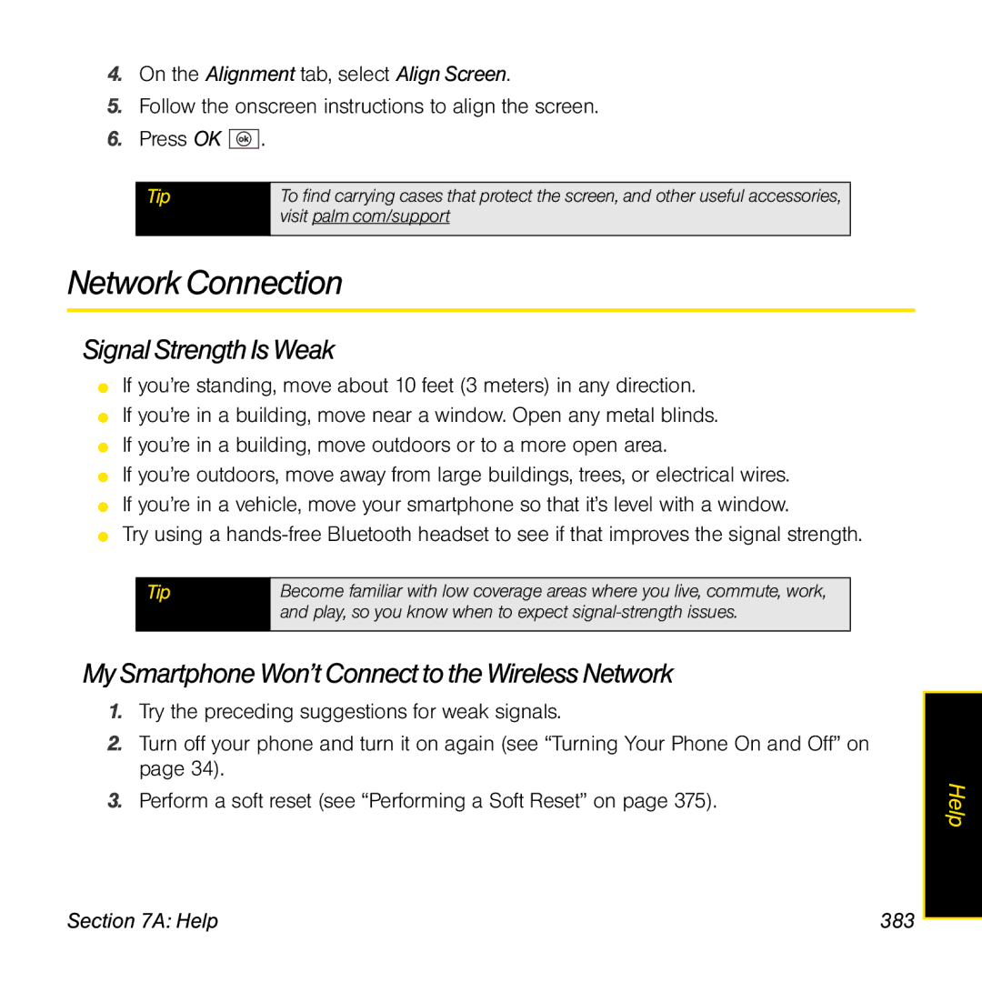 Palm TREOPROBLKSPT manual Network Connection, Signal Strength Is Weak, My Smartphone Won’t Connect to the Wireless Network 