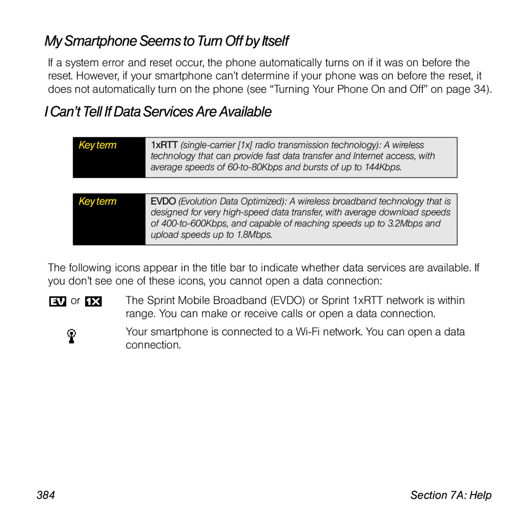 Palm TREOPROBLKSPT manual My Smartphone Seems to Turn Off by Itself, Can’t Tell If Data Services Are Available, 384 