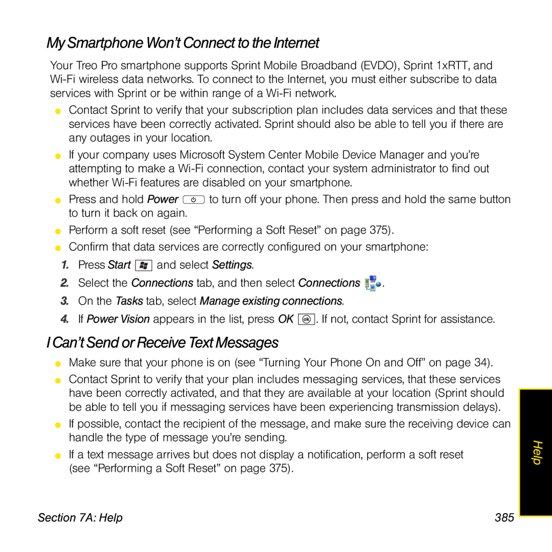 Palm TREOPROBLKSPT manual My Smartphone Won’t Connect to the Internet, Can’t Send or Receive Text Messages, Help 385 