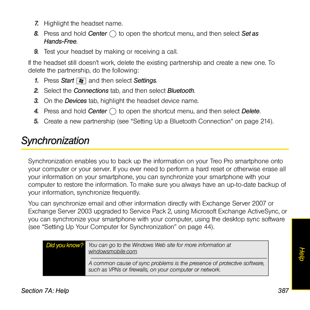 Palm TREOPROBLKSPT manual Synchronization, Help 387 