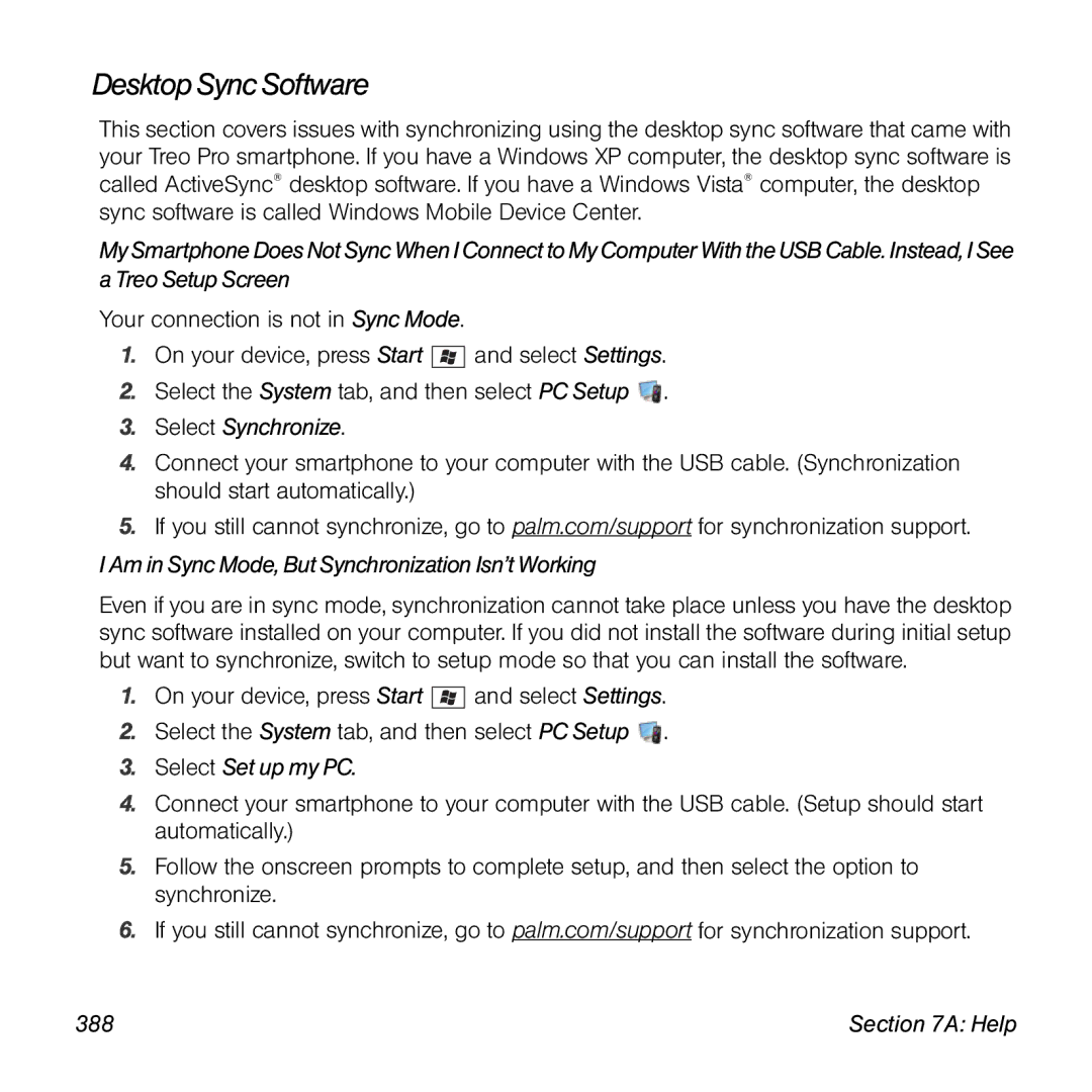 Palm TREOPROBLKSPT Desktop Sync Software, Select Synchronize, Am in Sync Mode, But Synchronization Isn’t Working, 388 