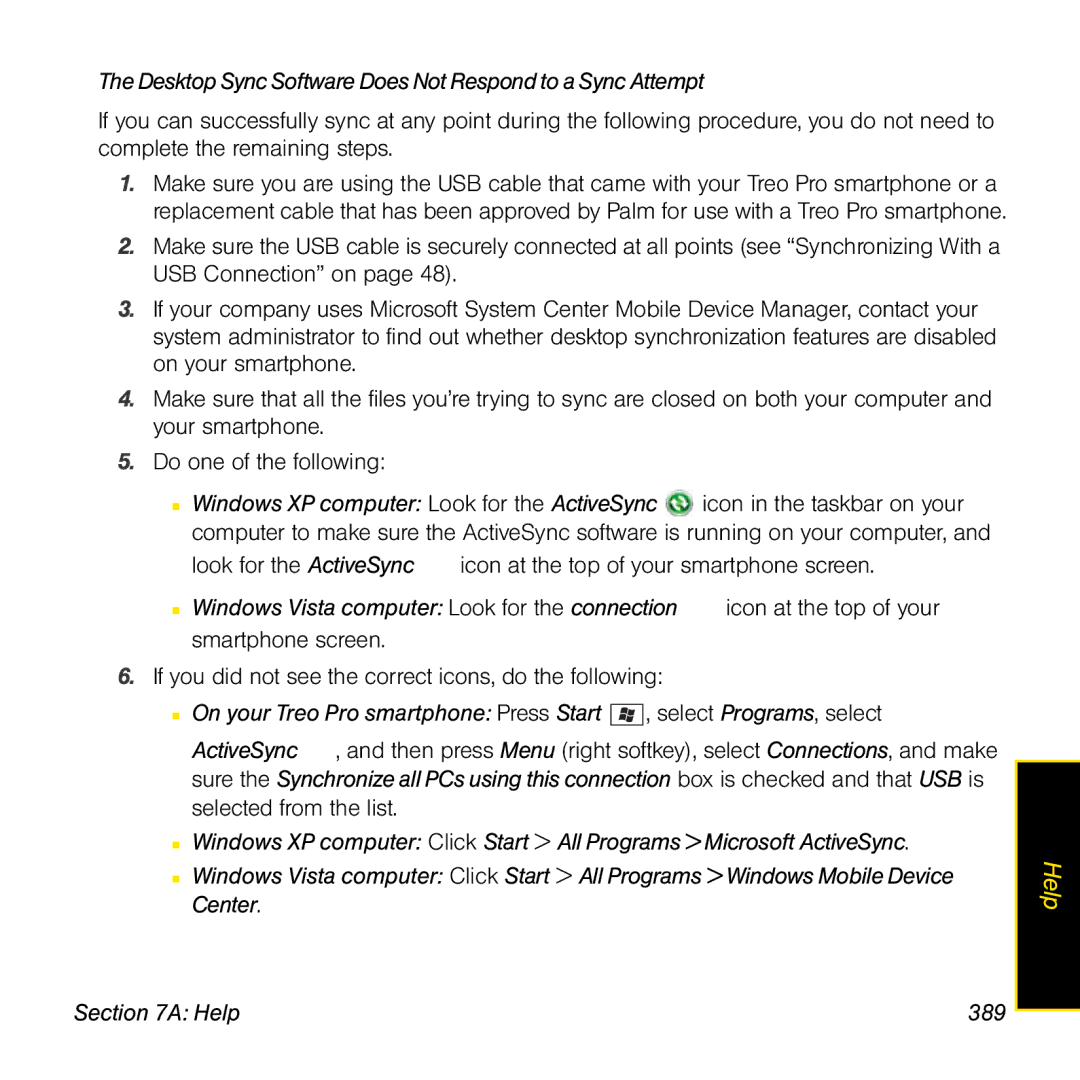 Palm TREOPROBLKSPT manual Desktop Sync Software Does Not Respond to a Sync Attempt 
