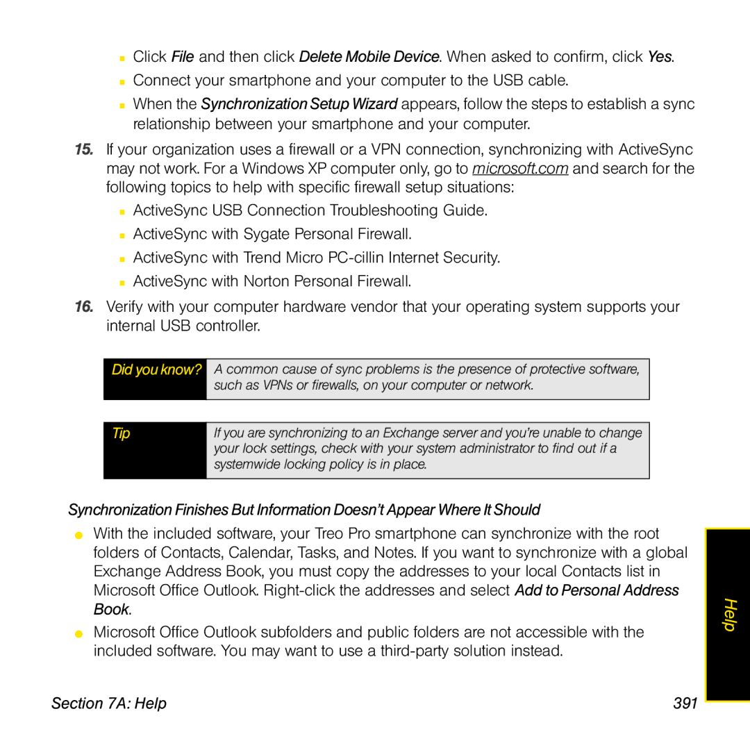 Palm TREOPROBLKSPT manual Help 391 