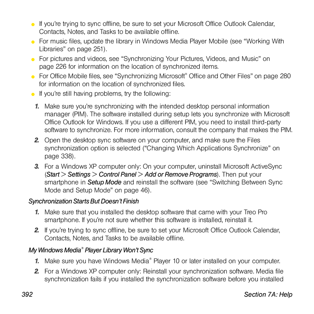 Palm TREOPROBLKSPT manual Synchronization Starts But Doesn’t Finish, My Windows Media Player Library Won’t Sync, 392 