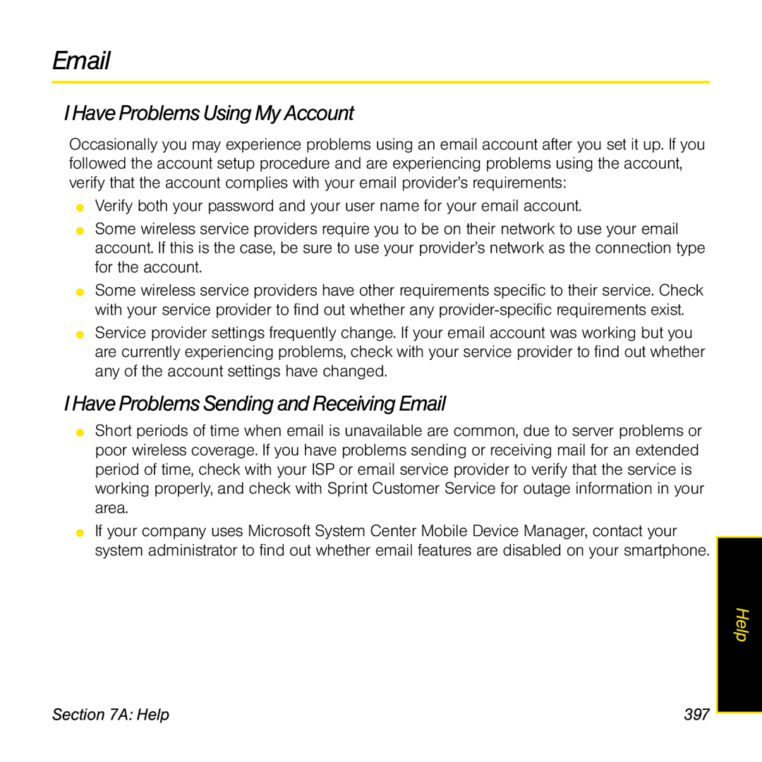 Palm TREOPROBLKSPT manual Have Problems Using My Account, Have Problems Sending and Receiving Email, Help 397 