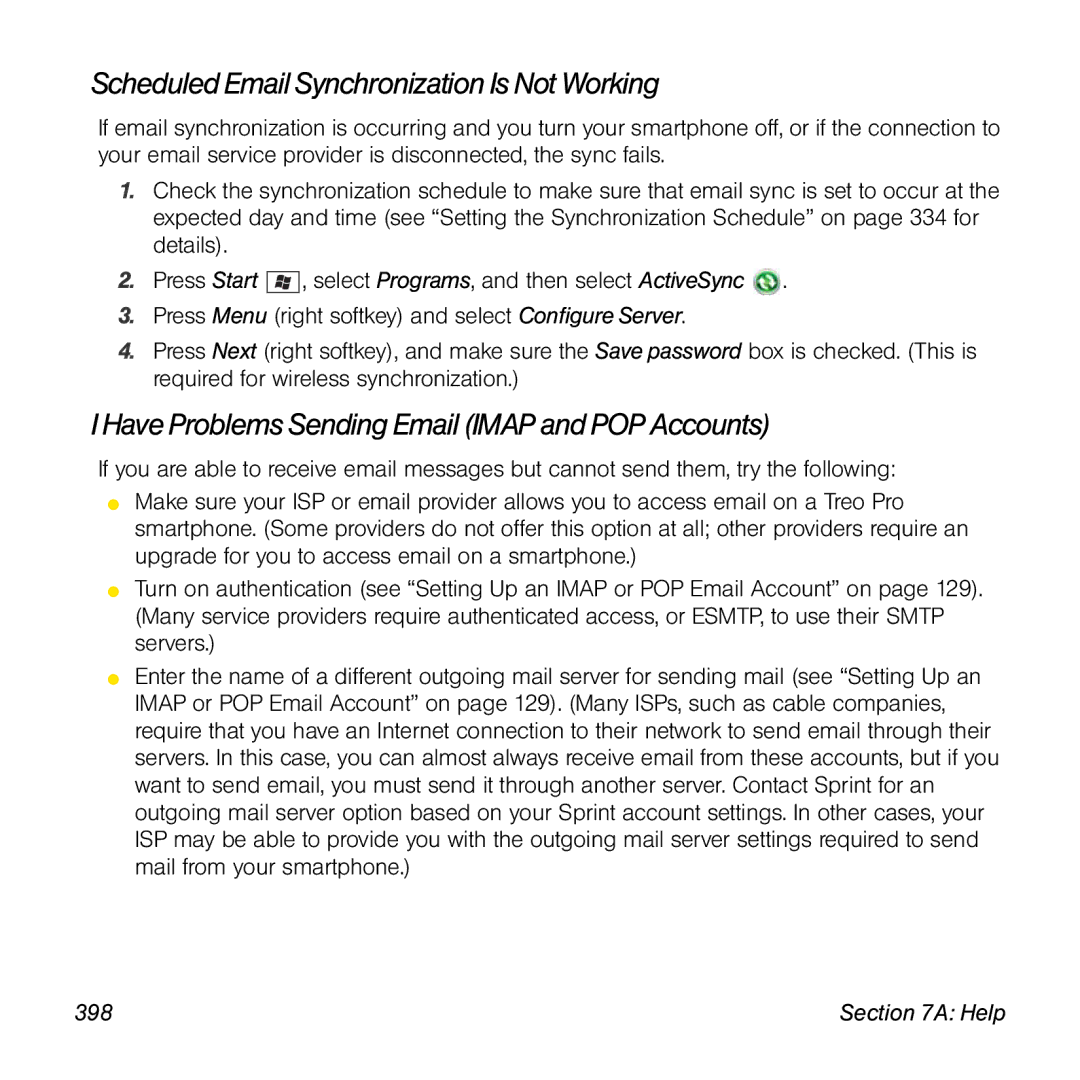 Palm TREOPROBLKSPT Scheduled Email Synchronization Is Not Working, Have Problems Sending Email Imap and POP Accounts, 398 