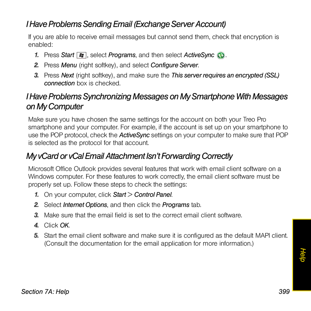 Palm TREOPROBLKSPT manual Have Problems Sending Email Exchange Server Account, Help 399 