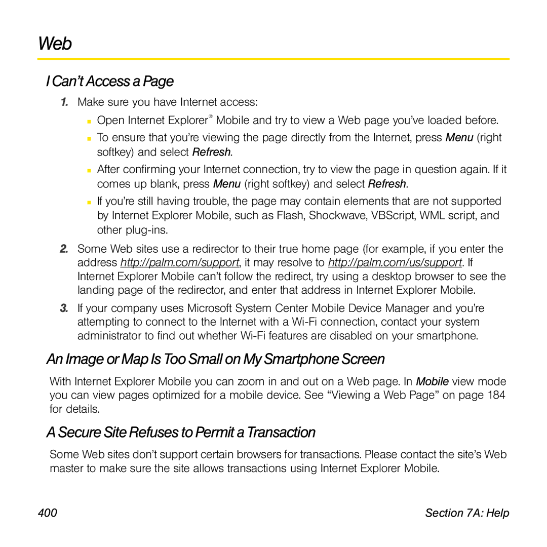 Palm TREOPROBLKSPT manual Web, Can’t Access a, An Image or Map Is Too Small on My SmartphoneScreen, 400 