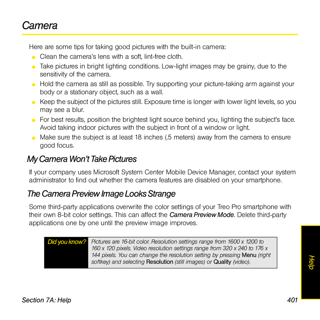 Palm TREOPROBLKSPT manual My Camera Won’t Take Pictures, Camera Preview Image Looks Strange, Help 401 
