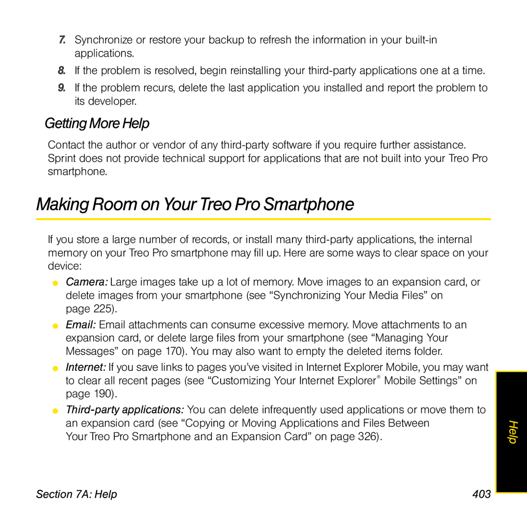 Palm TREOPROBLKSPT manual Making Room on Your TreoPro Smartphone, Getting More Help, Help 403 