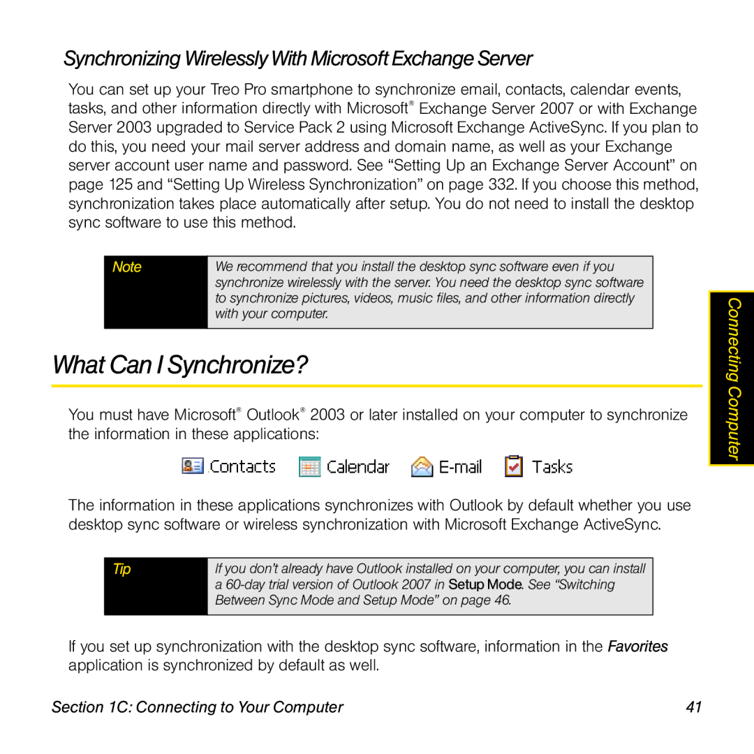 Palm TREOPROBLKSPT manual What Can I Synchronize?, Synchronizing Wirelessly With Microsoft Exchange Server 