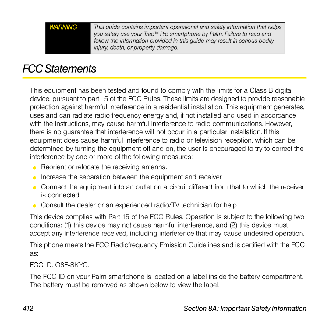 Palm TREOPROBLKSPT manual FCC Statements, Important Safety Information 