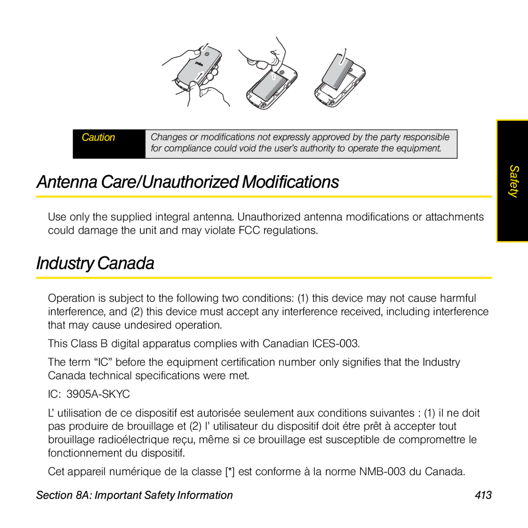 Palm TREOPROBLKSPT manual Antenna Care/Unauthorized Modifications, Industry Canada, Important Safety Information 413 