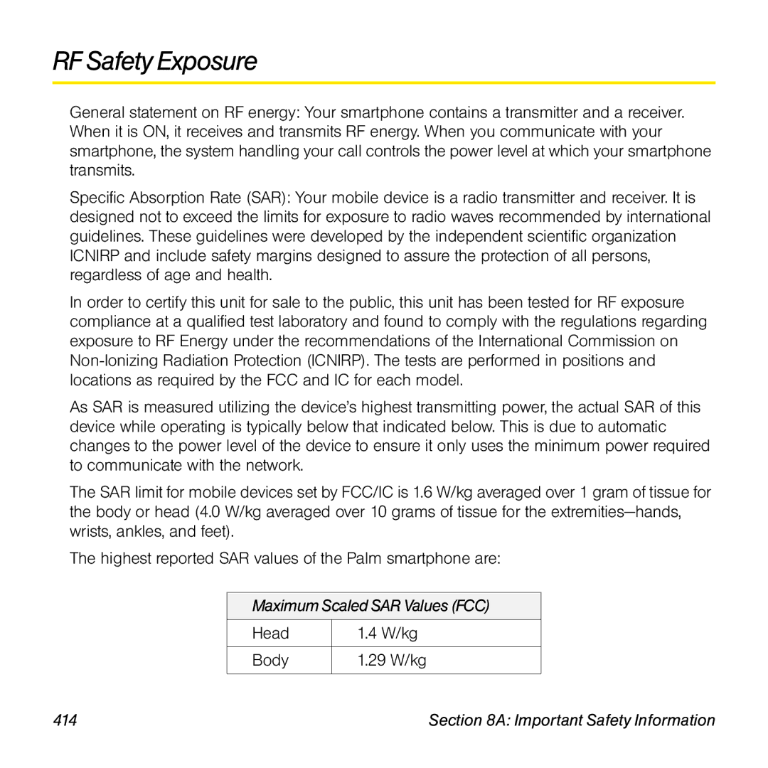 Palm TREOPROBLKSPT manual RF Safety Exposure, Maximum Scaled SAR Values FCC 