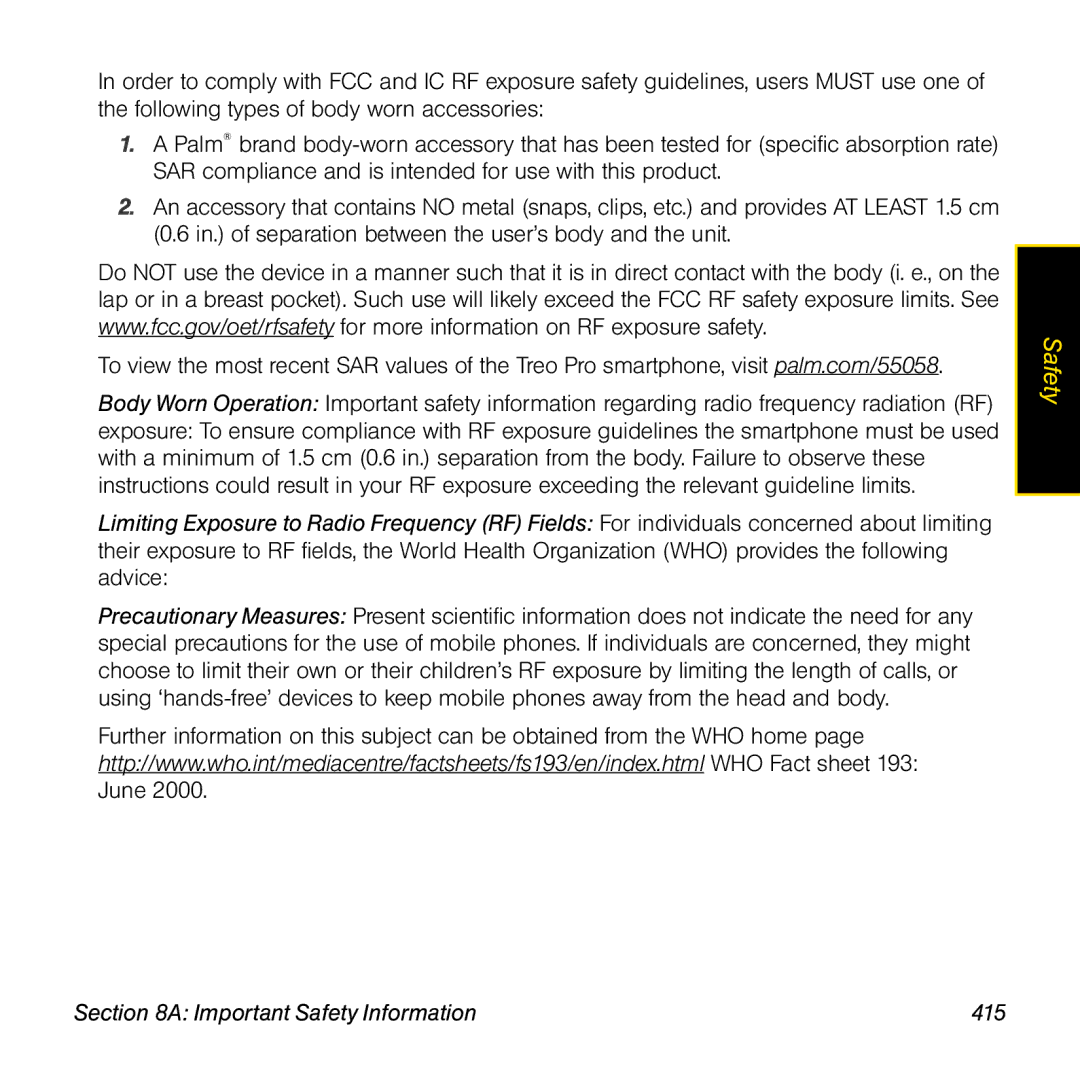 Palm TREOPROBLKSPT manual Important Safety Information 415 