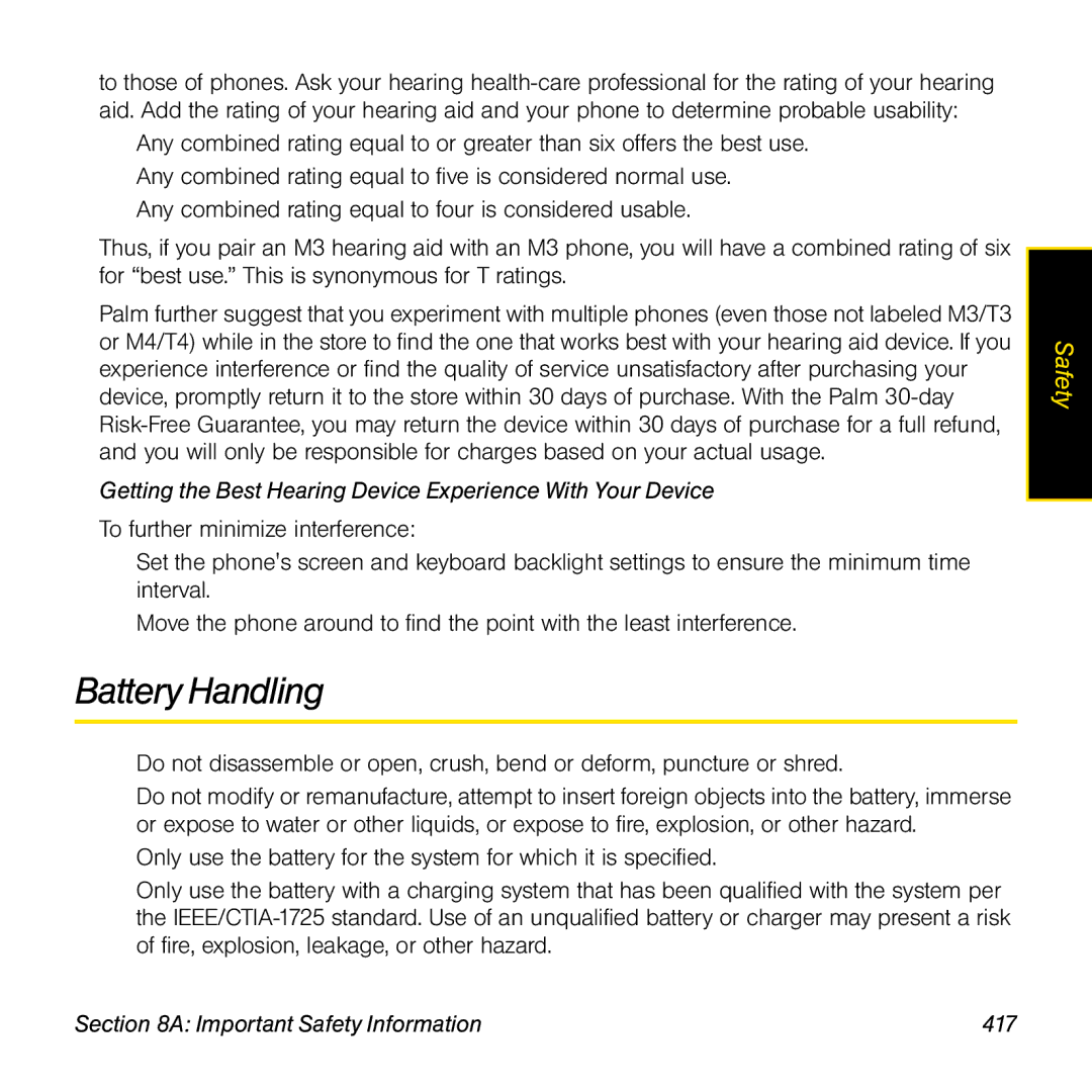 Palm TREOPROBLKSPT manual Battery Handling, Getting the Best Hearing Device Experience With Your Device 