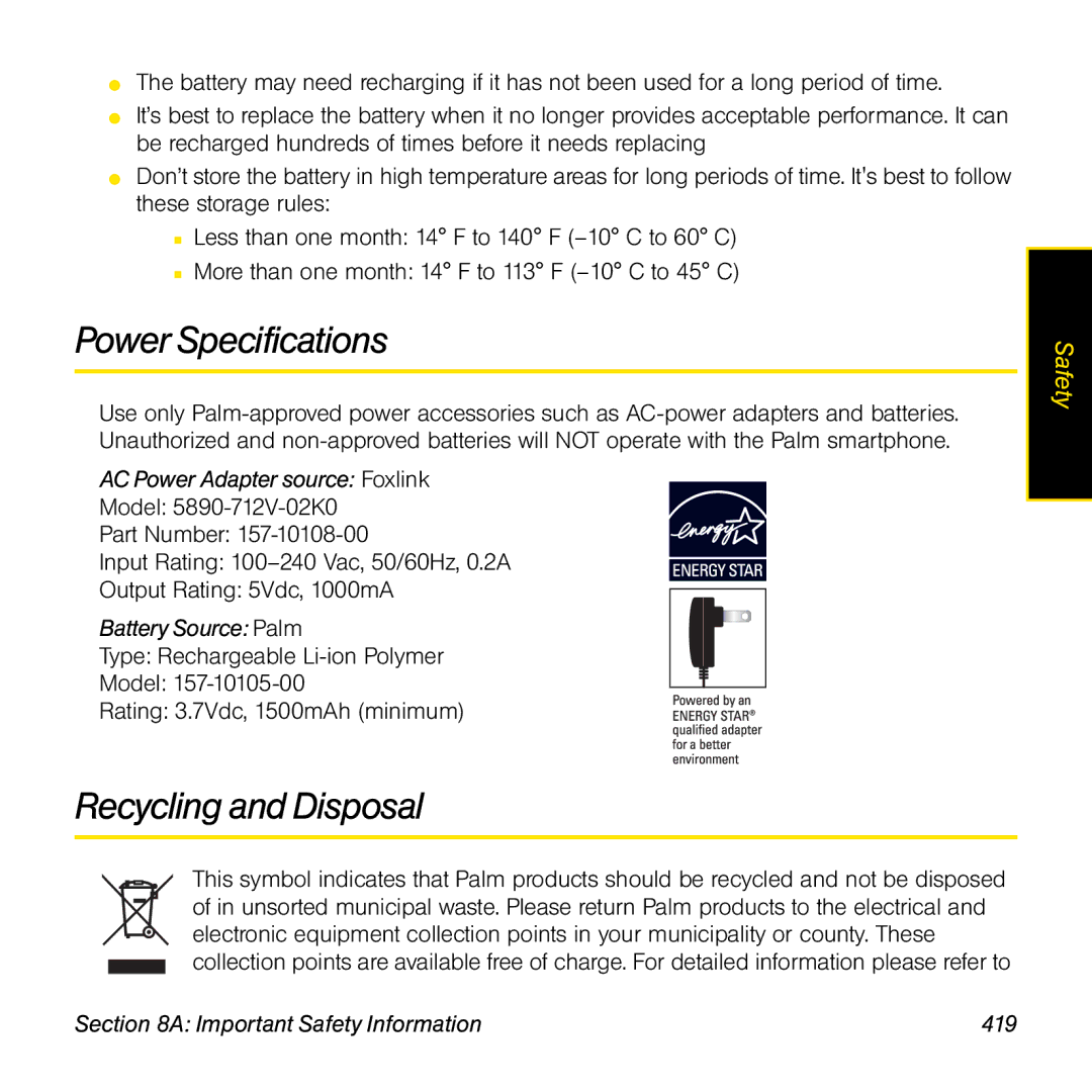 Palm TREOPROBLKSPT Power Specifications, Recycling and Disposal, AC Power Adapter source Foxlink, Battery Source Palm 