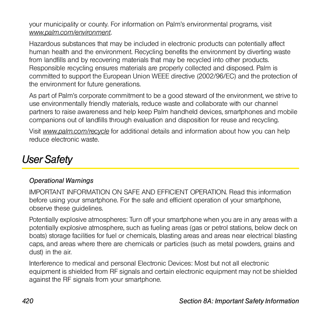 Palm TREOPROBLKSPT manual User Safety, Operational Warnings, Important Safety Information 