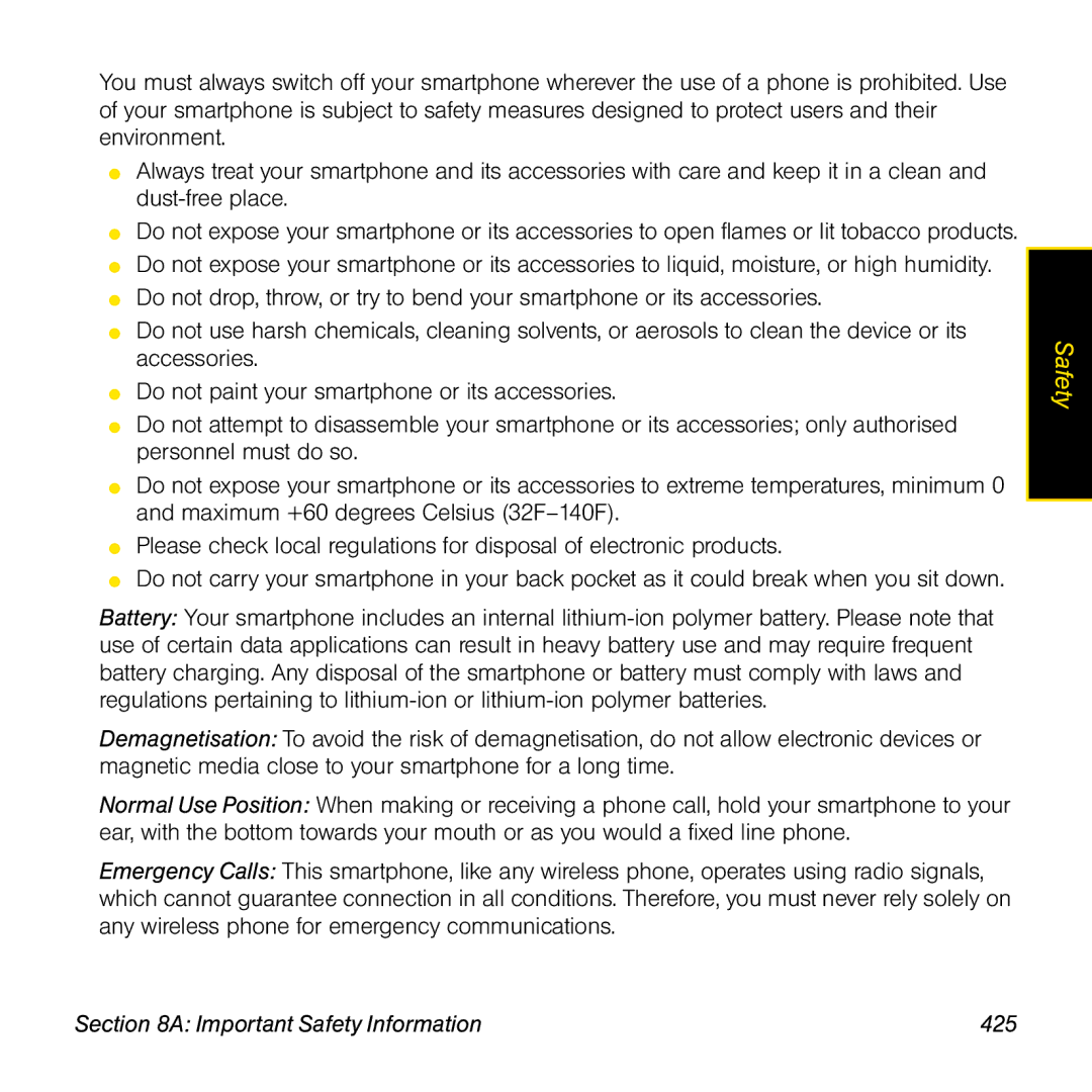 Palm TREOPROBLKSPT manual Important Safety Information 425 