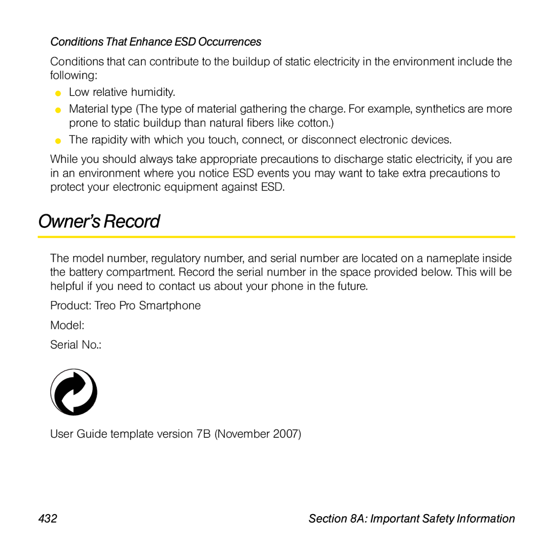 Palm TREOPROBLKSPT manual Owner’s Record, Conditions That Enhance ESD Occurrences, Important Safety Information 