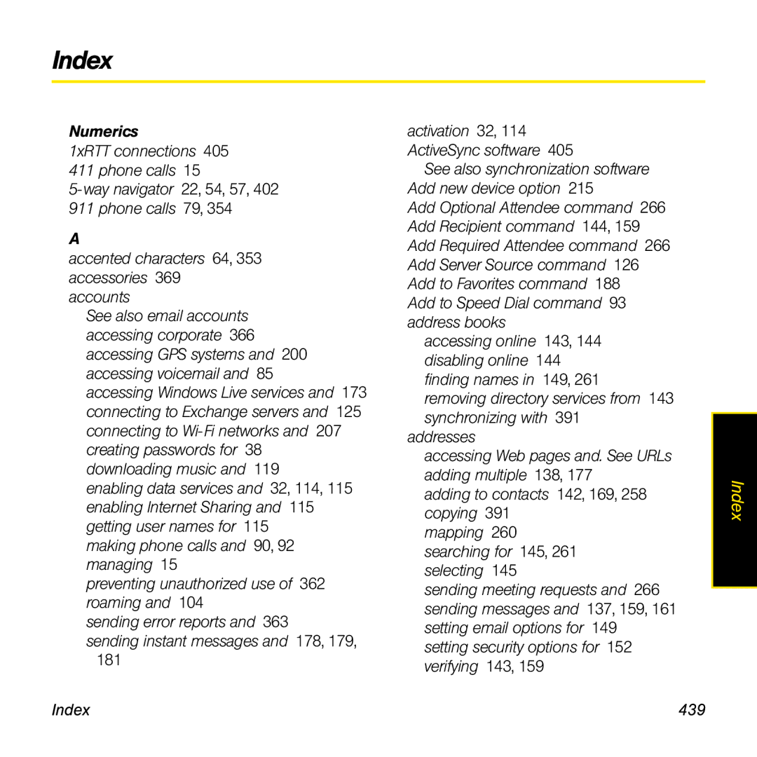 Palm TREOPROBLKSPT manual Index 439 