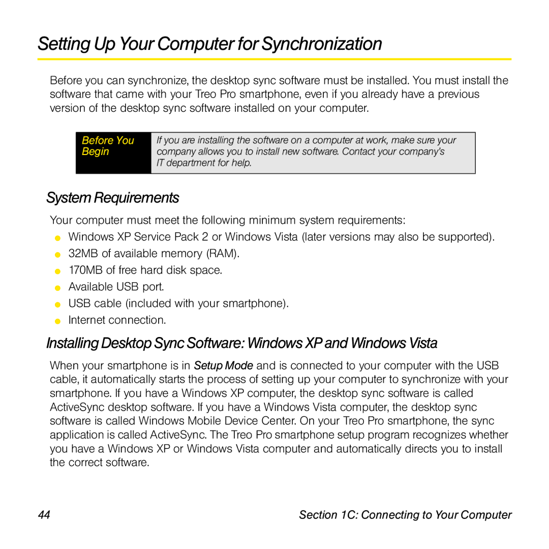 Palm TREOPROBLKSPT manual Setting Up Your Computer for Synchronization, System Requirements 