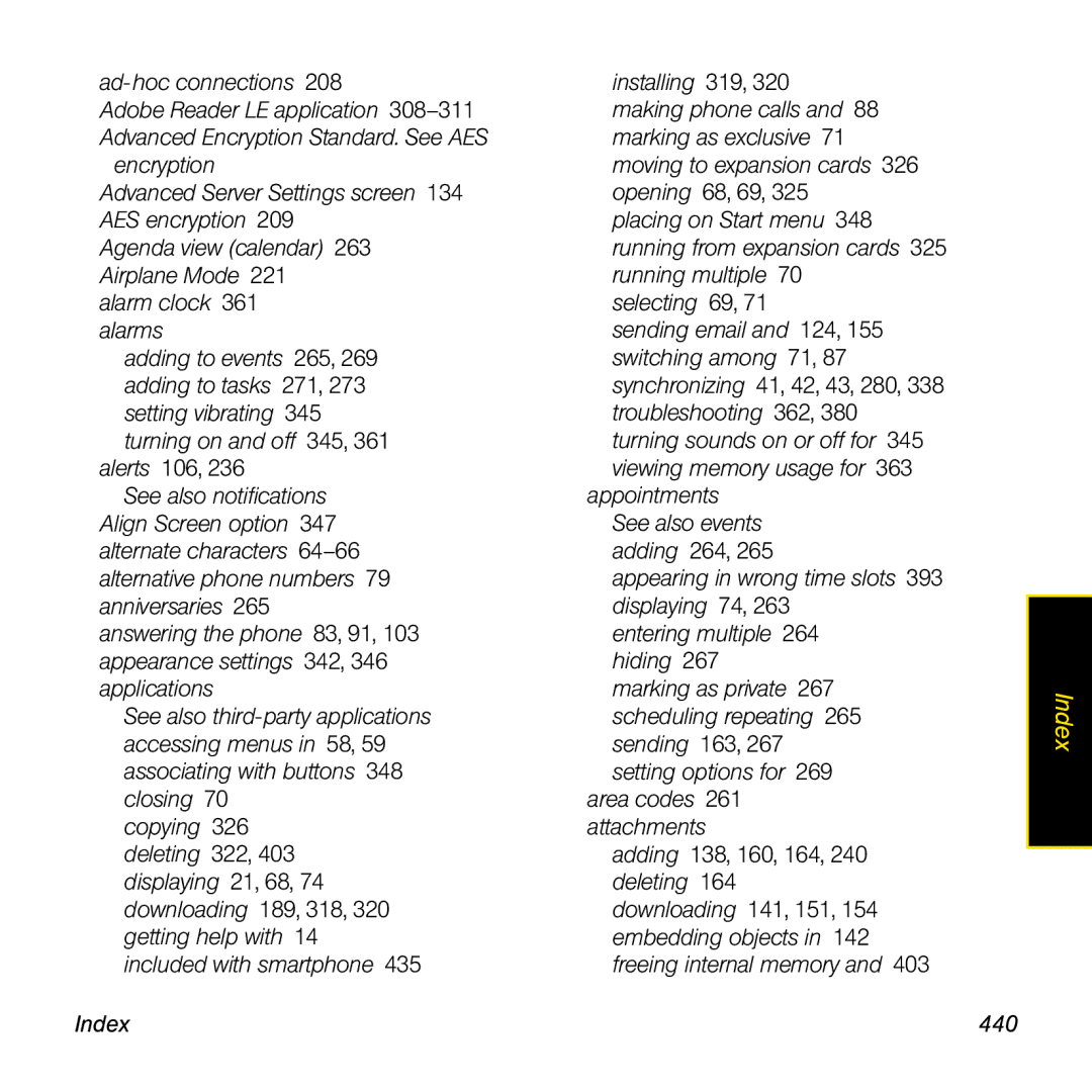 Palm TREOPROBLKSPT manual Index 440 