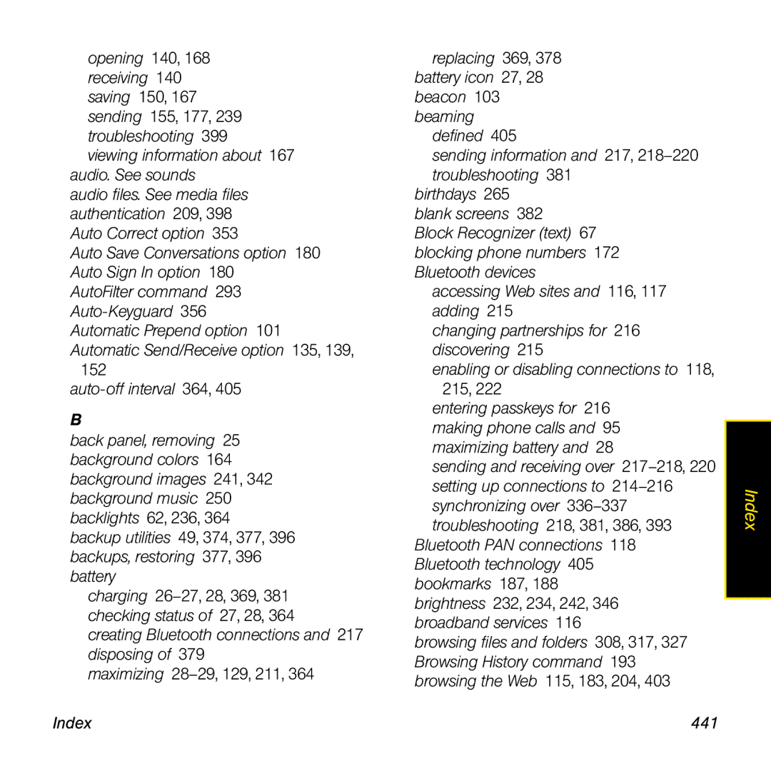 Palm TREOPROBLKSPT manual Viewing information about 167 audio. See sounds, Index 441 