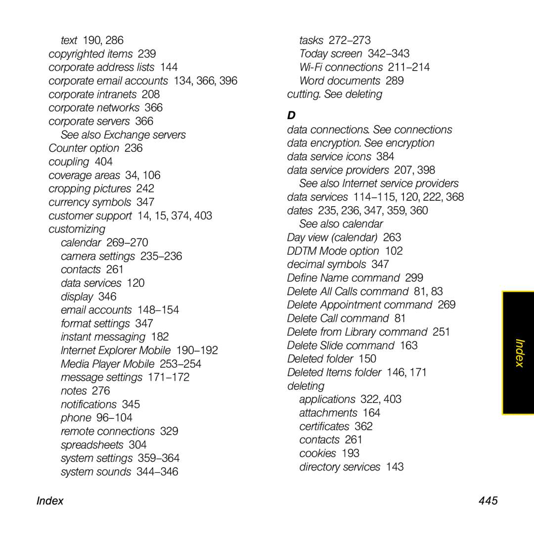 Palm TREOPROBLKSPT manual Index 445 