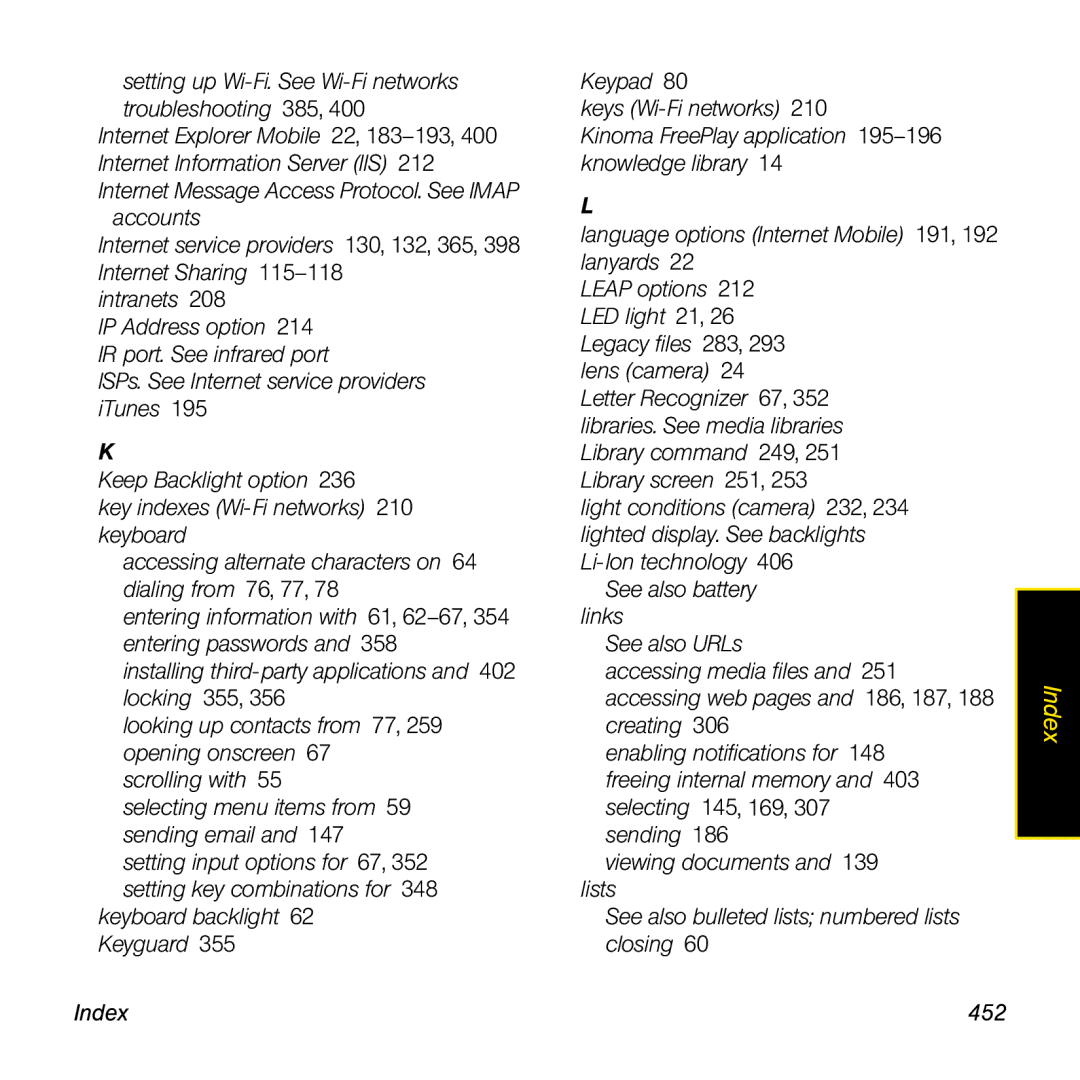 Palm TREOPROBLKSPT manual Index 452 