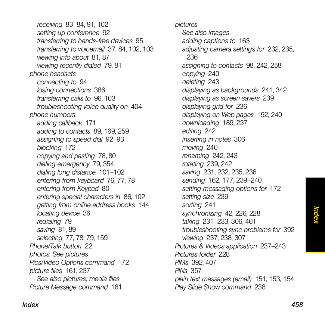 Palm TREOPROBLKSPT manual Index 458 