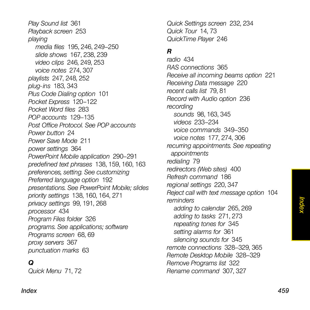 Palm TREOPROBLKSPT manual Play Sound list 361 Playback screen 253 playing, Index 459 